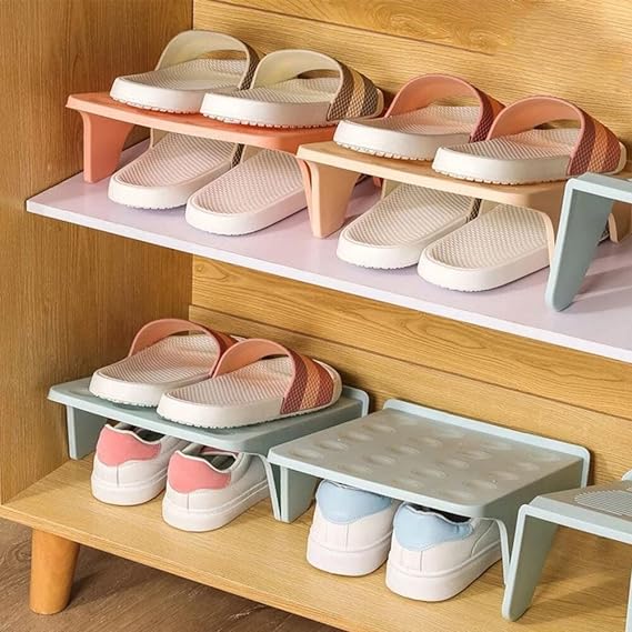 NYALKARAN Plastic Shoe Organizer Stand Space Saver Shoe Storage Rack Double Layer Free Standing Shoe Slipper Stacker Shelf (Pack Of 2) (Multicolor)
