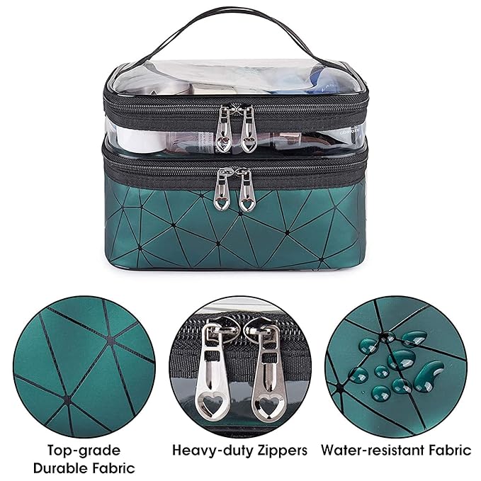 Zollyss Double Layer Cosmetic Bag Organizer Makeup Pouch for Women Travel Cosmetics Case Toiletry Bags for Girls (Green Pack of 1)