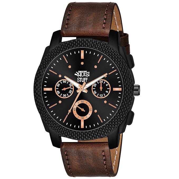 SWADESI STUFF Black Dial with Brown Leather Strap Stylish Analog Watch for Men