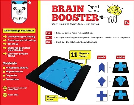 Play Panda Brain Booster Type 1 (Junior) - 56 Puzzles Designed To Boost Intelligence - With Magnetic Shapes, Magnetic Board, Puzzle Book And Solution Book - For 7 8 9 10 Upto 15 Years,Red