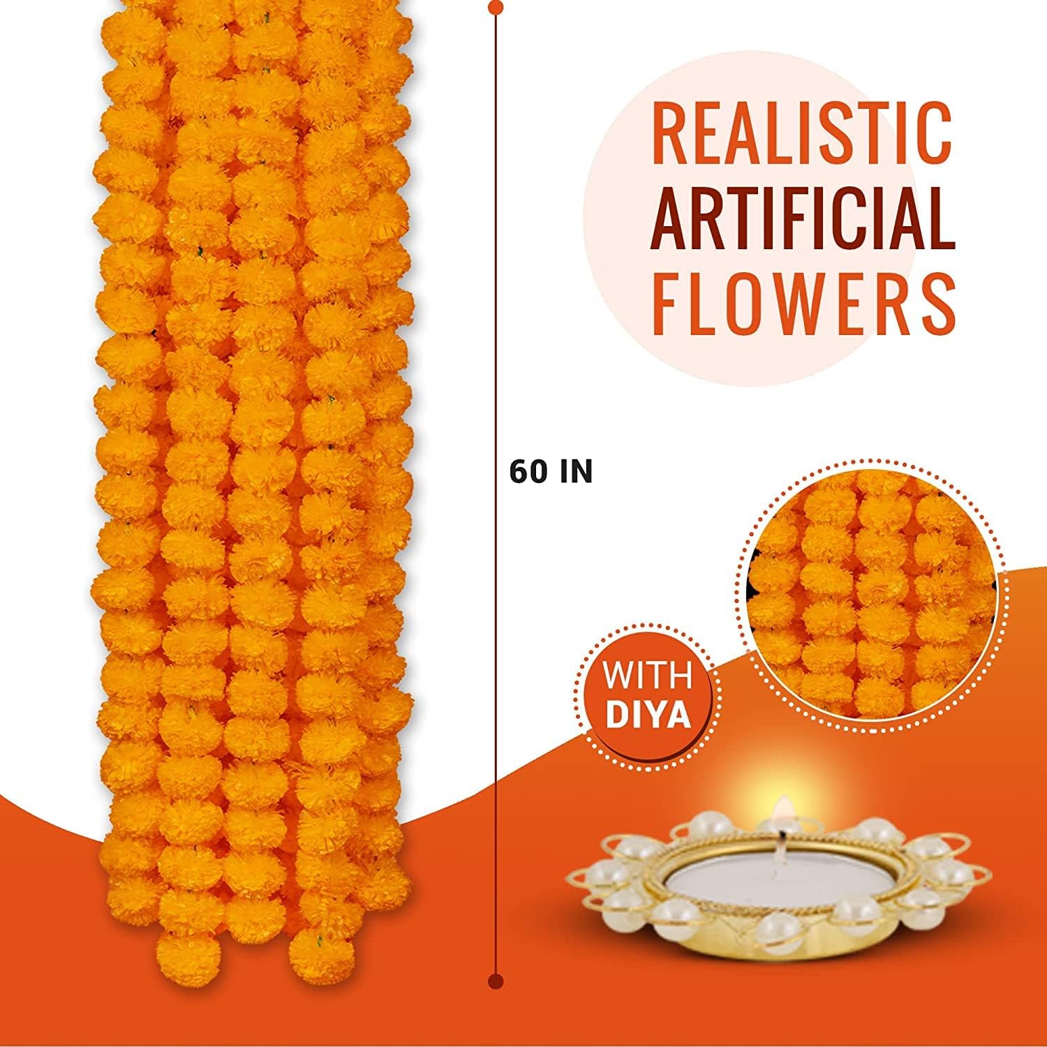 Artificial Marigold Fluffy Flowers Garlands for Festive Pooja Wedding Housewarming Diwali Decorations Festival Events Home Table Bedroom Pooja Room Approx. 4.5 to 4.9 ft- 5 Piece (Dark Orange)