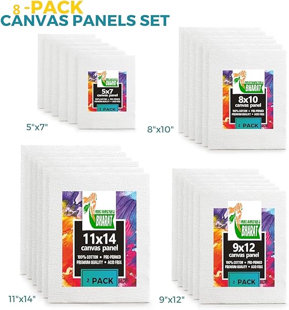 ArtRIght Cotton Canvas Board for Oil Acrylic Painting Set (2X(5x7, 8x10, 9x12, 10x14) Multi Pack, Primed White Blank- Artist Canvas Boards for Painting, ((Total 8 PC (2X(5x7, 8x10, 9x12, 10x14)))