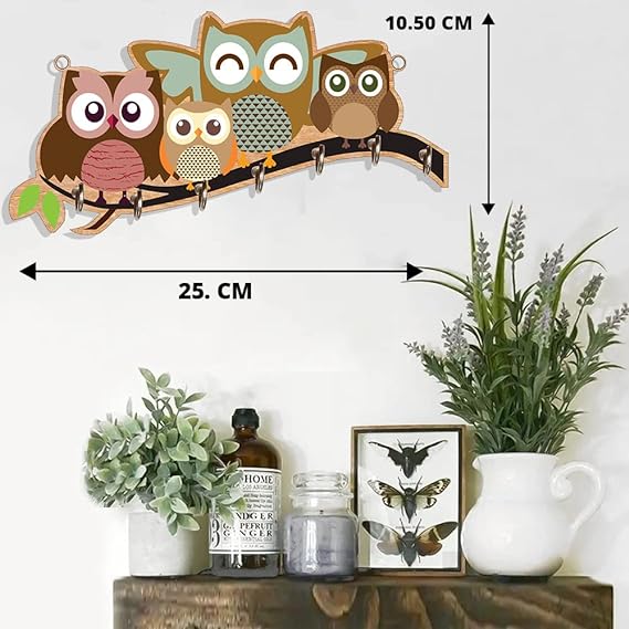 Dinine Craft Wooden Key Holder for Home | Wall Stylish Key Stand | Key Hanger | Key Chain Holders for Wall with 7 Key Hooks (Multicolor) (Owl)
