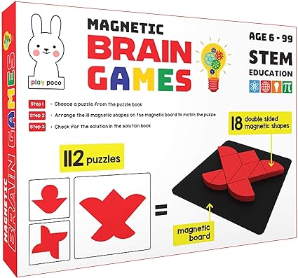 Play Poco Magnetic Brain Games - with 18 Double Sided Magnetic Shapes, Magnetic Board, 112 Puzzle Book, 112 Solution Book
