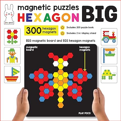 Play Poco Magnetic Puzzles Jumbo Hexagon - Includes 300 Big Magnets, 200 Puzzles, Big Magnetic Board and 2 in 1 Display Stand - for Boys and Girls, Red, PC017