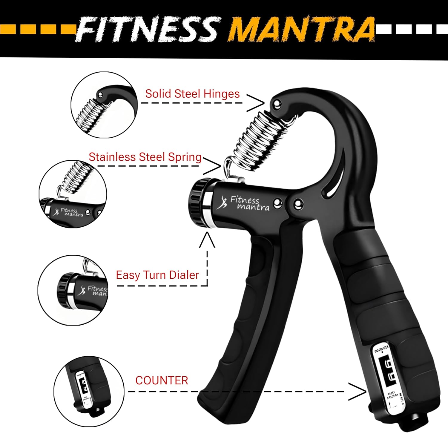 Fitness Mantra® Counter 10KG To 60KG Weight Adjustable Professional Counter Hand Gripper for Men & Women