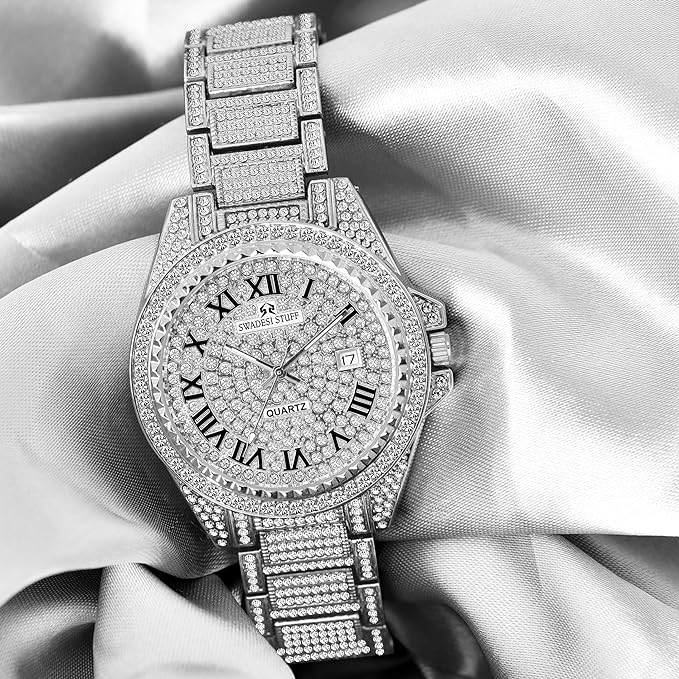 SWADESI STUFF Glint Hand-Studded Diamonds Silver Date Latest Dial Premium Luxury Design Stainless Steel Strap Analog Party Watch for Men