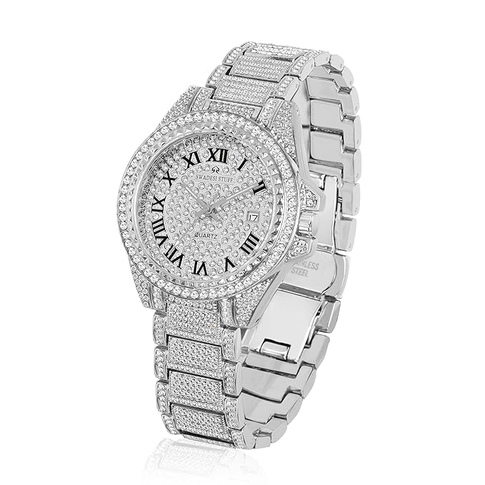 SWADESI STUFF Glint Hand-Studded Diamonds Silver Date Latest Dial Premium Luxury Design Stainless Steel Strap Analog Party Watch for Men