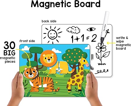 Play Panda Magnetic Puzzles Jungle Animals 10 in 1 with 10 Magnetic Puzzles,Write&Wipe Magnetic Board,50+ GK Facts,Sketch Pen&Duster-Make Beautiful Magnetic Animals-Educational Toy for 3+