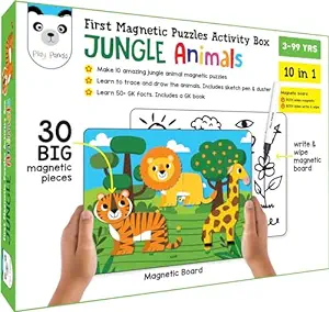 Play Panda Magnetic Puzzles Jungle Animals 10 in 1 with 10 Magnetic Puzzles,Write&Wipe Magnetic Board,50+ GK Facts,Sketch Pen&Duster-Make Beautiful Magnetic Animals-Educational Toy for 3+