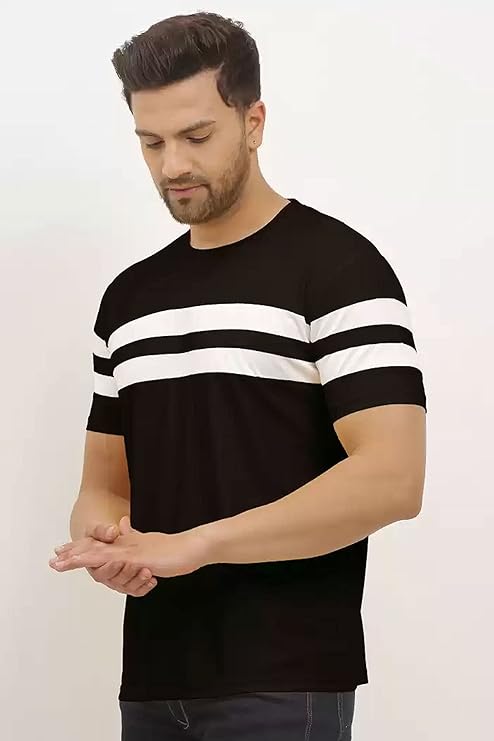SWADESI STUFF Regular Fit Striped Round Neck Half Sleeve 2 Line T-Shirt for Men