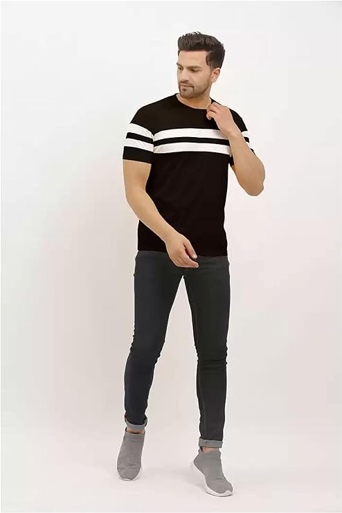 SWADESI STUFF Regular Fit Striped Round Neck Half Sleeve 2 Line T-Shirt for Men