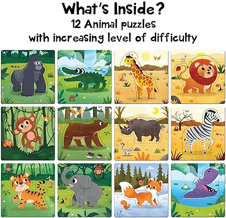 Play Poco 12 in 1 Animal Puzzles for Kids - Ages 1 to 5 - Preschool Educational Activity for Kids – 2, 3, 4 Piece Puzzles with Increasing Level of Difficulty for Greater Skill Building