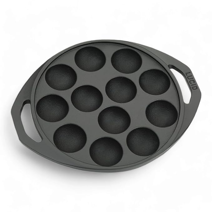 Lucid by Esspy Pre-Seasoned Cast Iron Paniyaram Pan, Appe Pan Non Stick Induction Base, Appam Maker, Gunta Ponganalu Pan, Paddu Tawa, 12 Pit, No Chemical Coating, Black