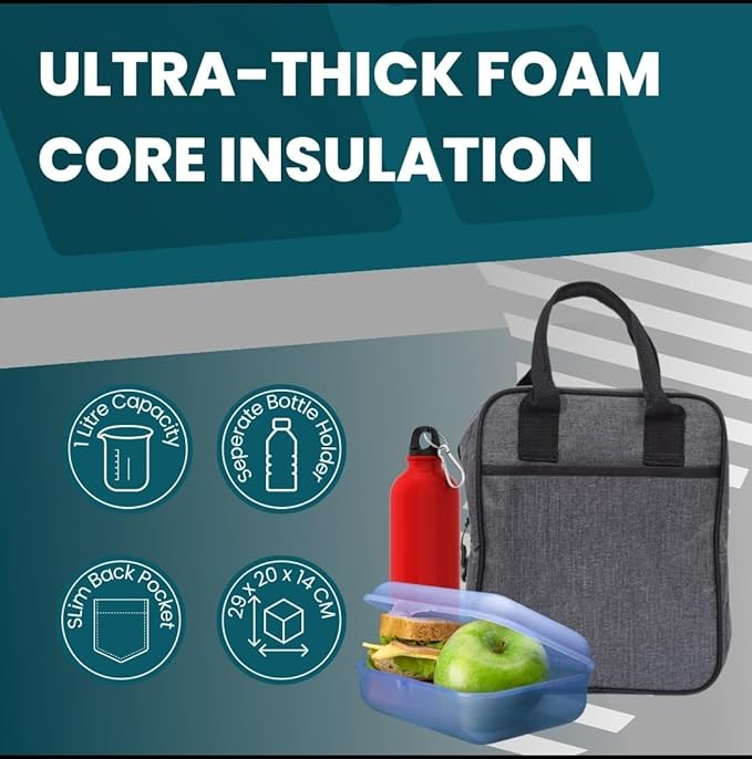 SMARZEC Insulated Tiffin Bag with Leakproof Hot and Cold Storage Design for Men, Women & Kids | Lunch Bag for Office, College, Picnic, School, Travel Bottle Holder with Multiple Pockets (Grey)
