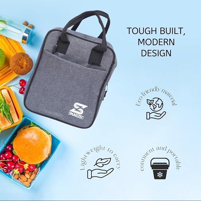 SMARZEC Insulated Tiffin Bag with Leakproof Hot and Cold Storage Design for Men, Women & Kids | Lunch Bag for Office, College, Picnic, School, Travel Bottle Holder with Multiple Pockets (Grey)