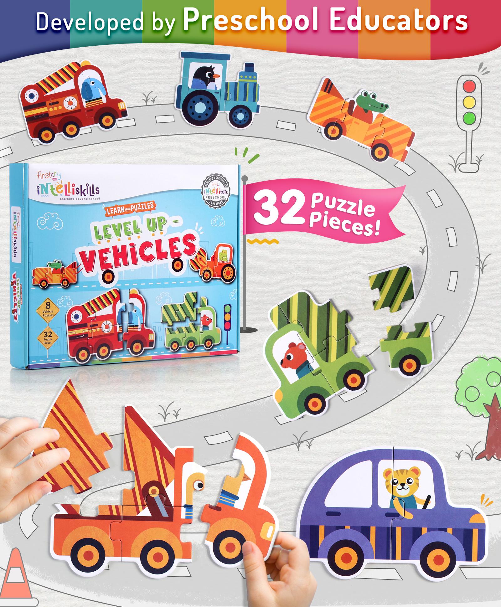 Intelliskills Premium Level Up Vehicles Thick & Glossy Transport Puzzles Multicolour- 32 Pieces