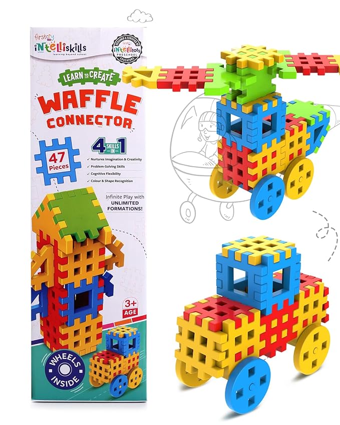Intelliskills Premium 47 Pcs Huge Waffle Connector Building Blocks with Wheels & Smooth Edges for Kids|Fun Play with Unlimited Formations Construction Puzzle for Boys & Girls|Best Gift for Children
