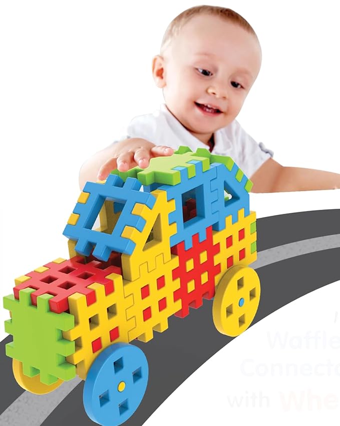 Intelliskills Premium 47 Pcs Huge Waffle Connector Building Blocks with Wheels & Smooth Edges for Kids|Fun Play with Unlimited Formations Construction Puzzle for Boys & Girls|Best Gift for Children