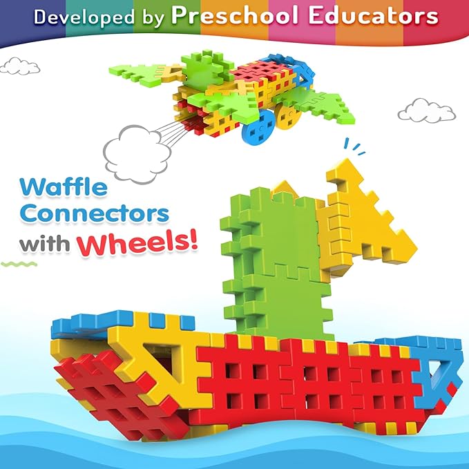 Intelliskills Premium 47 Pcs Huge Waffle Connector Building Blocks with Wheels & Smooth Edges for Kids|Fun Play with Unlimited Formations Construction Puzzle for Boys & Girls|Best Gift for Children