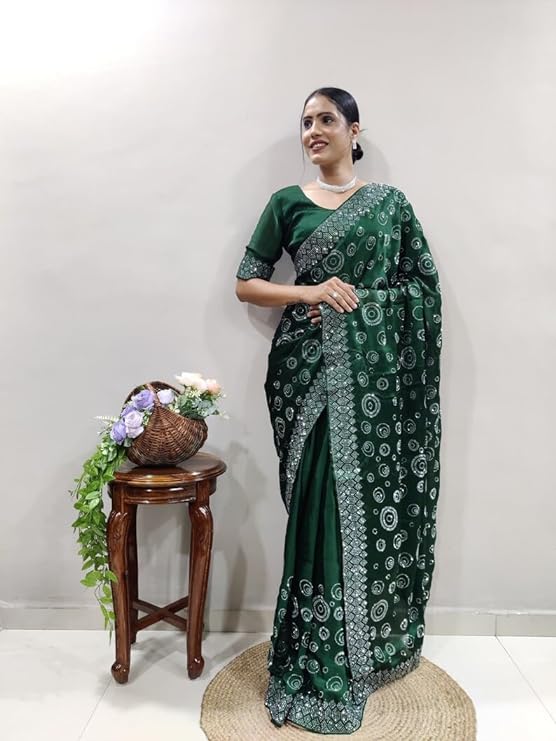 SWADESI STUFF Satin Silk Saree with Banglory Silk Blouse Swarovski Crystal Fix Embellishments - Elegant Indian Ethnic Wear for Women