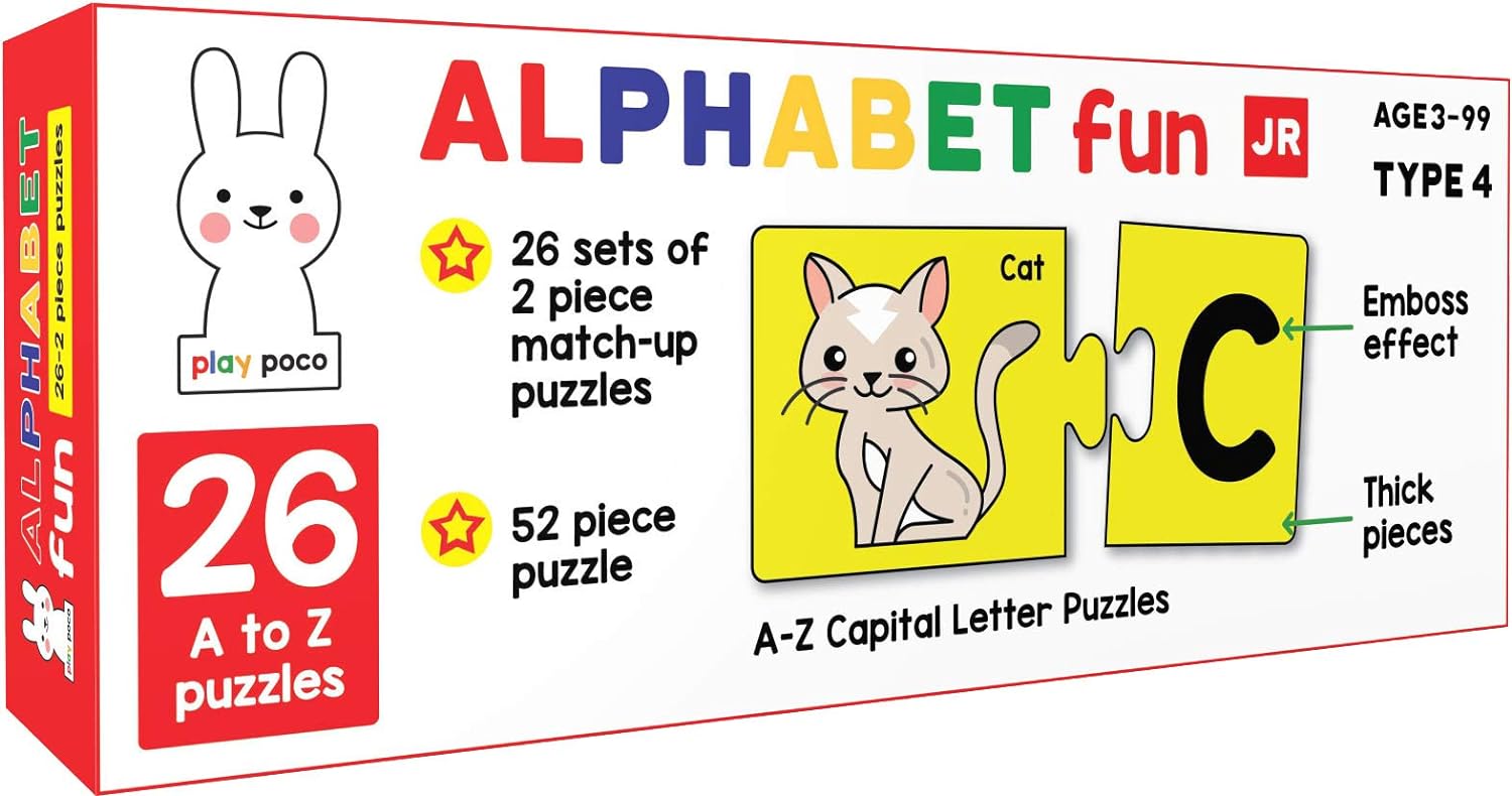 Play Poco Alphabet Fun Type 4 - 52 Piece Alphabet Matching Puzzle - 7 Different Ways to Play and Learn - Includes 52 Thick Puzzle Cards with Beautiful Illustrations