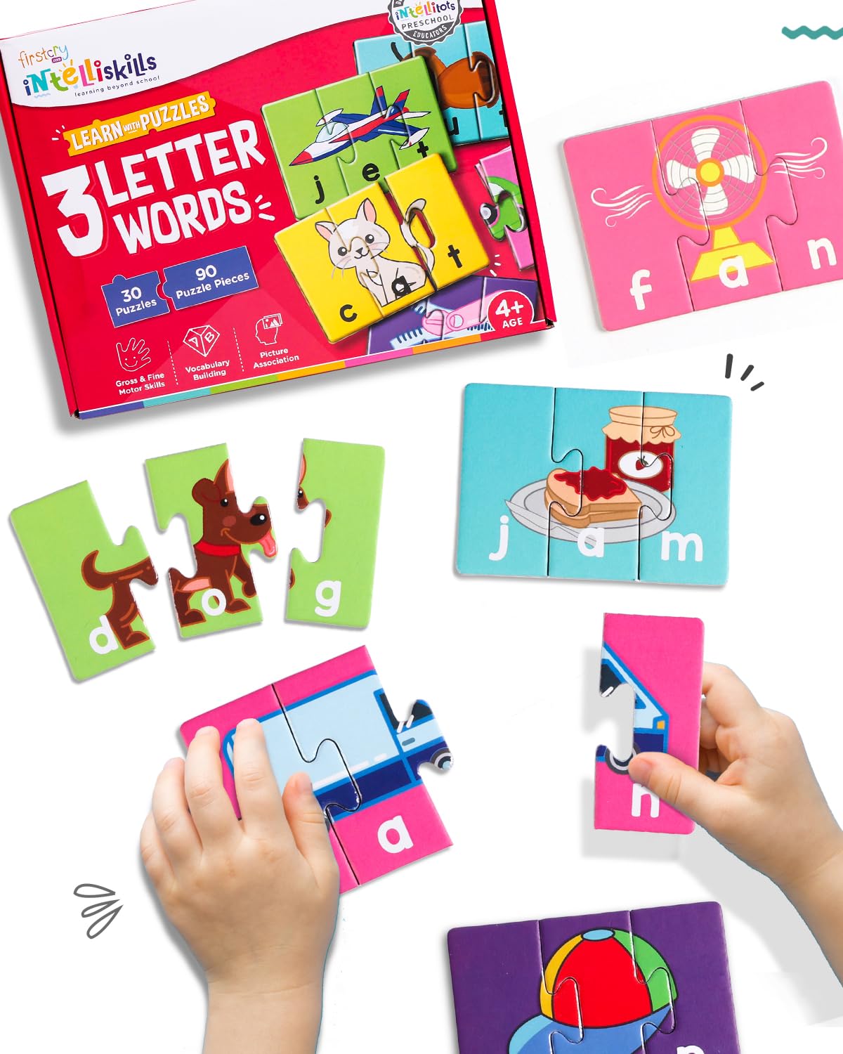 Intelliskills Premium 3 Letter Words 90 Spellng Puzzles Pieces | Learn to Spell | 30 Three Letter Words, Beautiful Colourful Pictures | Puzzle Game Toy for 4+ Years Old