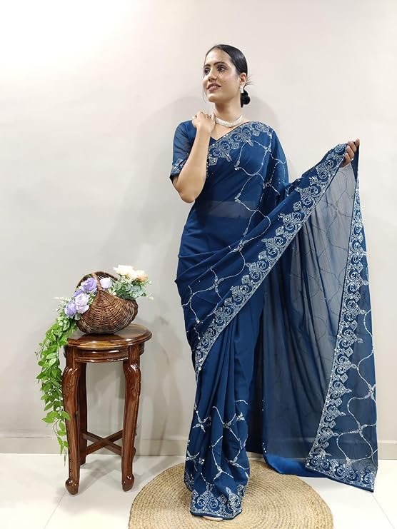 SWADESI STUFF Satin Silk Saree with Banglory Silk Blouse Swarovski Crystal Fix Embellishments blue - Elegant Indian Ethnic Wear for Women