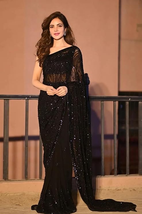 SWADESI STUFF Black Heavy Georgette Sequence Work Saree with Banglory Silk Blouse - Elegant Indian Ethnic Wear for Women
