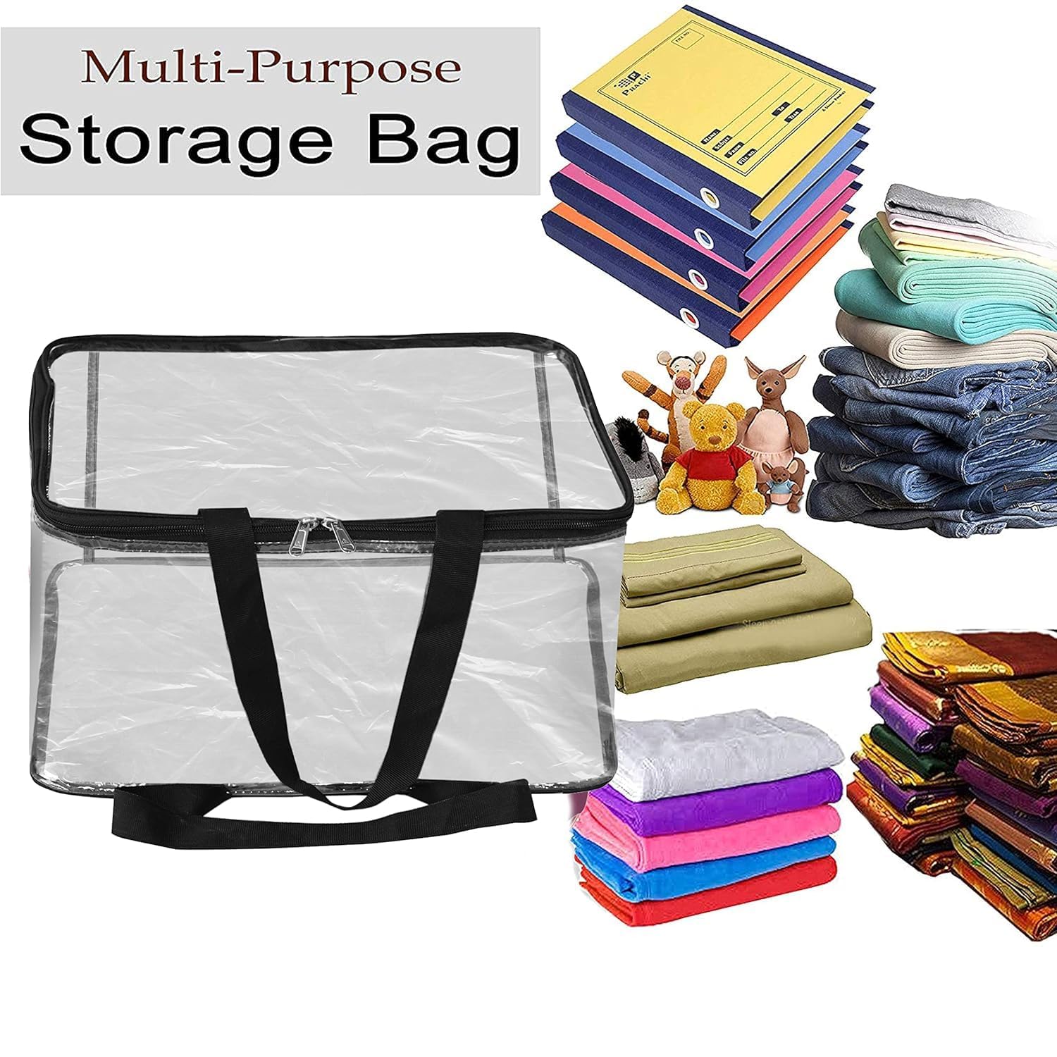 Zollyss Pvc Transparent Storage Bag For Saree Covers,Clothes,Lehenga,Blankets,Bedsheets,Toys,Docs|Wardrobe Organizer|Clear Storage Box Bag-(Pack Of 6),32 Cm,22 Cm,White