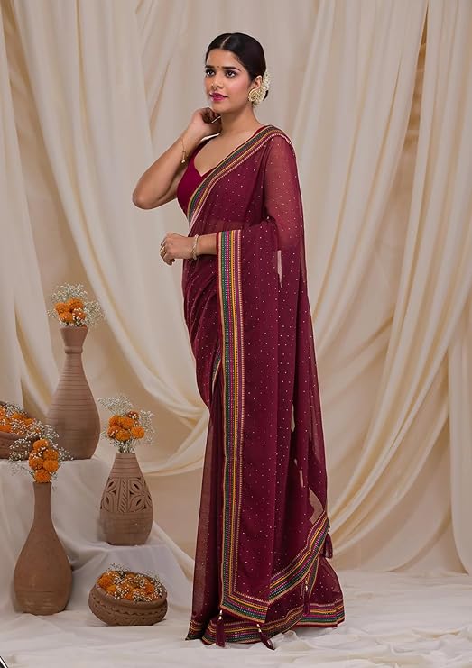 SWADESI STUFF Faux Georgette Saree with Banglory Silk Blouse & Crystal Fix Embellishments - Elegant Indian Ethnic Wear for Women