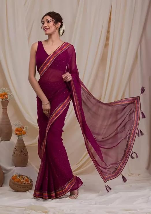 SWADESI STUFF Faux Georgette Saree with Banglory Silk Blouse & Crystal Fix Embellishments - Elegant Indian Ethnic Wear for Women