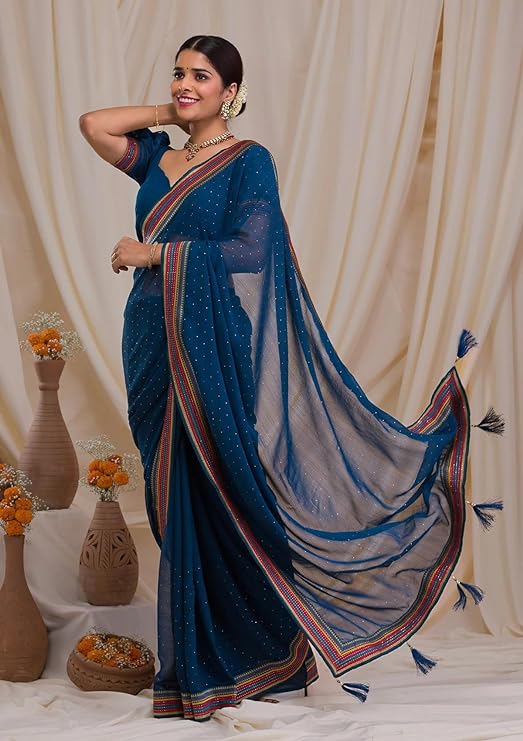SWADESI STUFF Faux Georgette Saree with Banglory Silk Blouse & Crystal Fix Embellishments - Elegant Indian Ethnic Wear for Women