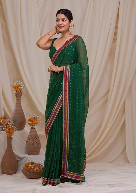 SWADESI STUFF Faux Georgette Saree with Banglory Silk Blouse & Crystal Fix Embellishments - Elegant Indian Ethnic Wear for Women