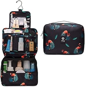 VHKD Hanging Cosmetic Toiletry Bag for Men Women Travel Organizer Accessory Toiletry Cosmetics Bag Nylon Waterproof Makeup Shaving Kit Pouch Bag for Men Women (Cosmetic Bag, Black Flemingo)