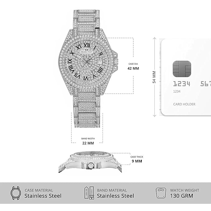 SWADESI STUFF Glint Hand-Studded Diamonds Date Dial Premium Luxury Stainless Steel Strap Analog Watch for Men