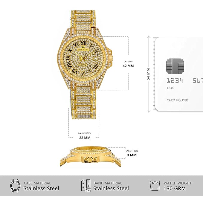 SWADESI STUFF Glint Hand-Studded Diamonds Date Dial Premium Luxury Stainless Steel Strap Analog Watch for Men