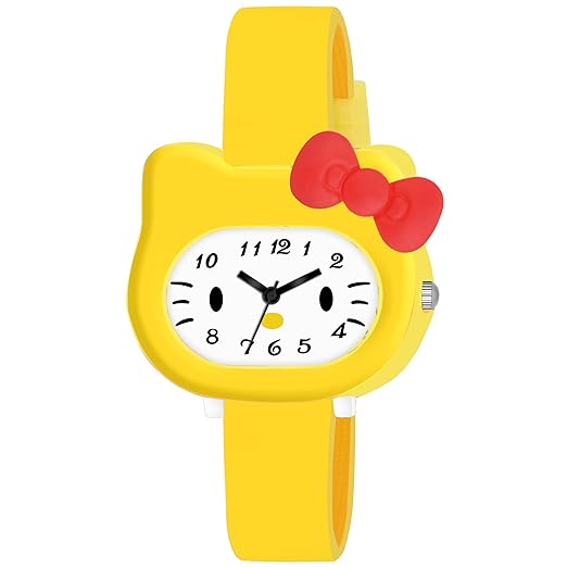 SWADESI STUFF White Dial Cute Kitty Cartoon Multi Color Rubber Strap Analog Watch for Girls