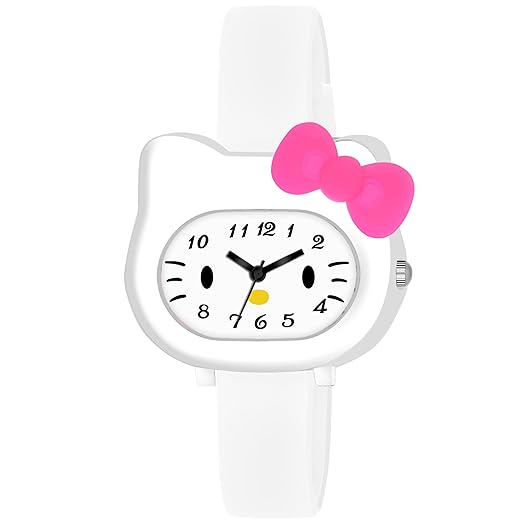 SWADESI STUFF White Dial Cute Kitty Cartoon Multi Color Rubber Strap Analog Watch for Girls