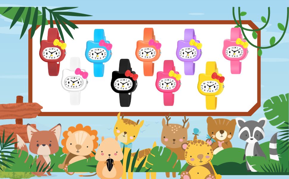 SWADESI STUFF White Dial Cute Kitty Cartoon Multi Color Rubber Strap Analog Watch for Girls
