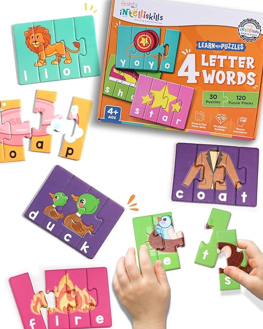 Intelliskills Premium 4 Letter Words 120 Spellng Puzzles Pieces | Learn to Spell | 30 Four Letter Words, Beautiful Colourful Pictures | Puzzle Game Toy for 4+ Years Old
