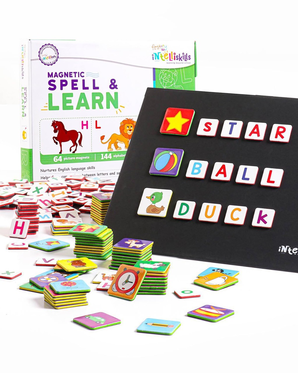 FIRSTCRY INTELLISKILLS Premium 208 Pieces Magnetic Spell & Learn For Kids|144 Alphabet Magnets, 64 Picture Magnets, 1 Magnetic Board & Spelling Guide|Learning & Educational Toy|Multicolor|4+ Years