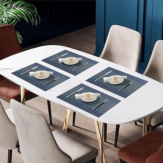 Wosta Set of 8 Pcs Placemats with Vinyl Style Natural Anti-Slip Bamboo Placemats Washable Heat-Resistant Table Mats for Dining Room and Kitchen (Blue)