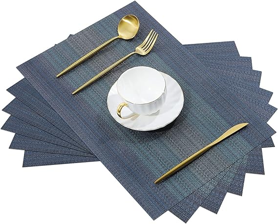 Wosta Set of 8 Pcs Placemats with Vinyl Style Natural Anti-Slip Bamboo Placemats Washable Heat-Resistant Table Mats for Dining Room and Kitchen (Blue)