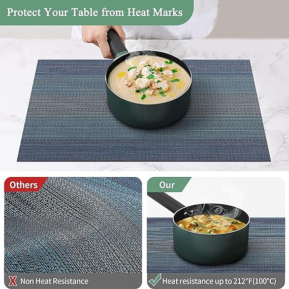 Wosta Set of 8 Pcs Placemats with Vinyl Style Natural Anti-Slip Bamboo Placemats Washable Heat-Resistant Table Mats for Dining Room and Kitchen (Blue)