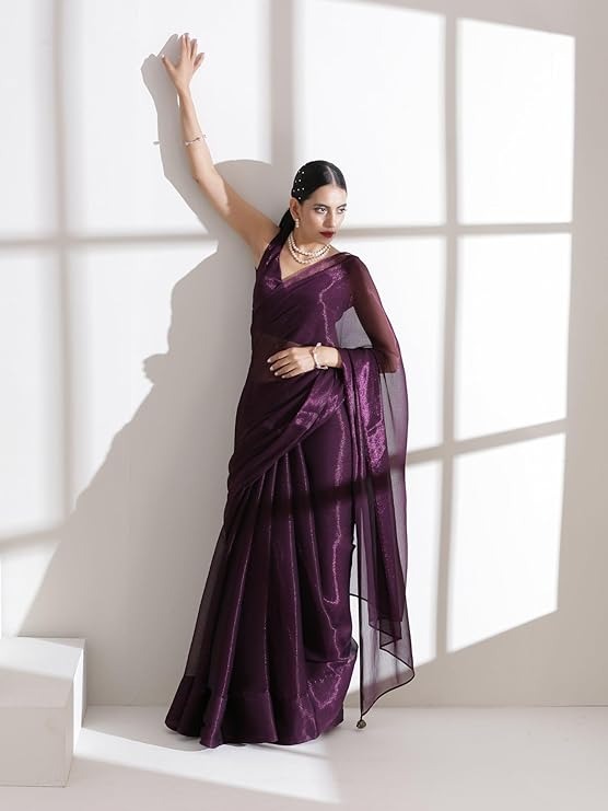 SWADESI STUFF Dual Shade Wine Shimmer Chiffon Saree With Latkan