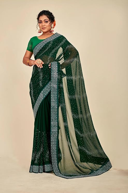 SWADESI STUFF Fox Georgette Saree with Satin Banglory Blouse & Stunning Swarovski Stone Work Saree - Indian Ethnic Wear for Women