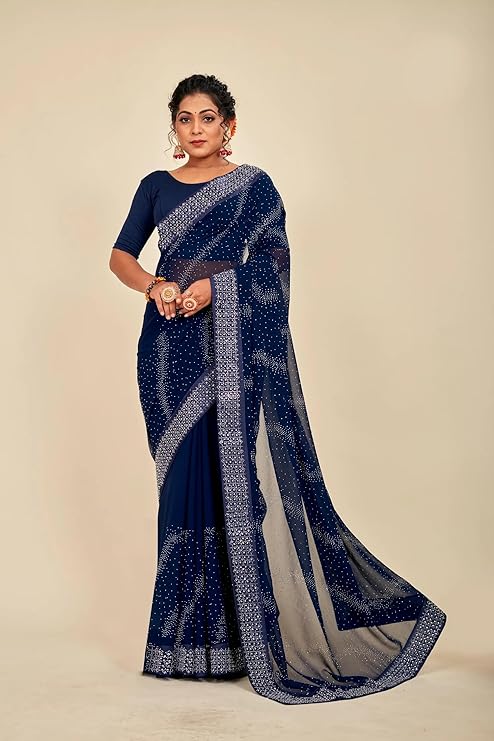 SWADESI STUFF Fox Georgette Saree with Satin Banglory Blouse & Stunning Swarovski Stone Work Saree - Indian Ethnic Wear for Women