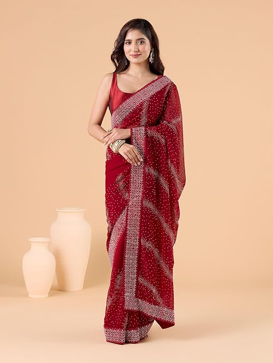 SWADESI STUFF Fox Georgette Saree with Satin Banglory Blouse & Stunning Swarovski Stone Work Saree - Indian Ethnic Wear for Women