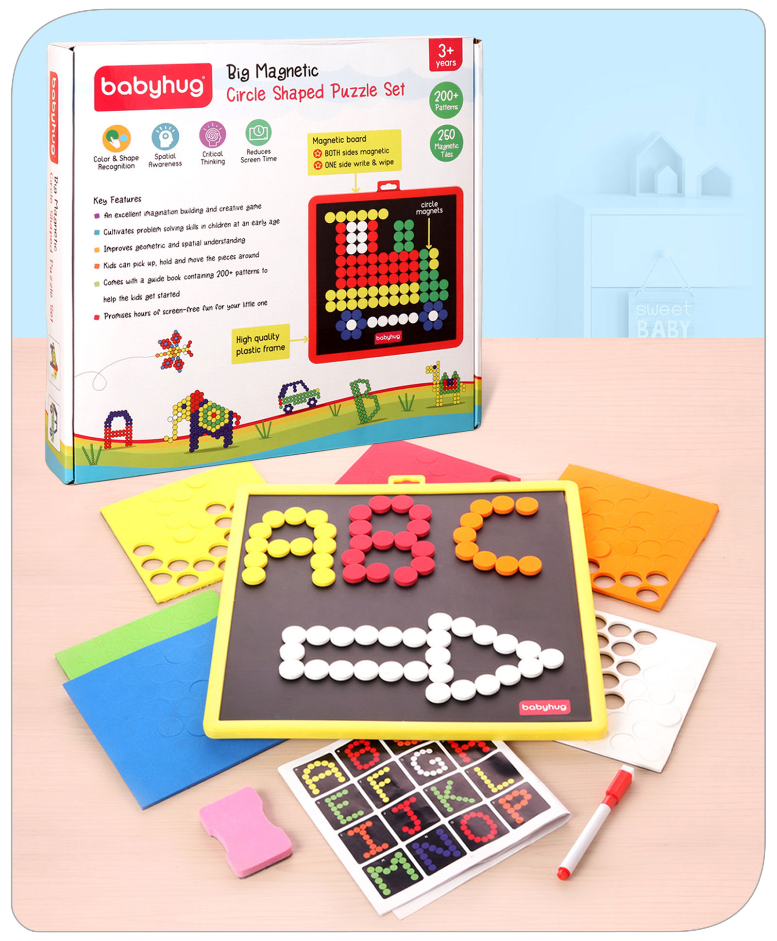 Babyhug Jumbo Magnetic Circle Puzzle Set With Write & Wipe Feature - 250 Magnetic Tiles & 200+ Patterns